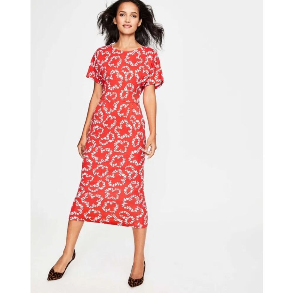 Boden Vanessa Red Floral Jersey Midi Dress w/ Pockets Size 14R